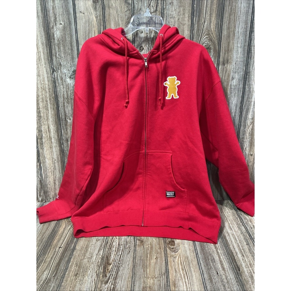 Grizzly Griptape Hoodie Mens XL X-Large Red Bear Logo Skateboarding Skate Zip Up